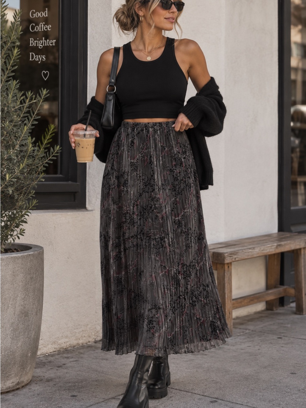 RAFAEL Black Floral Pleated Maxi Skirt with Subtle Pink Accents